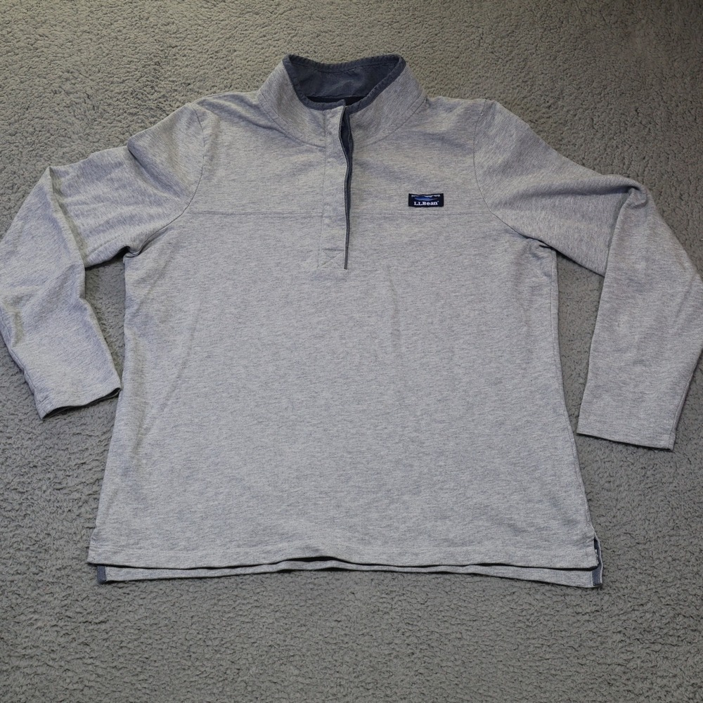 LL Bean Mens XL Gray Quarter Button Mock Neck Sweatshirt French Terry Pullover
